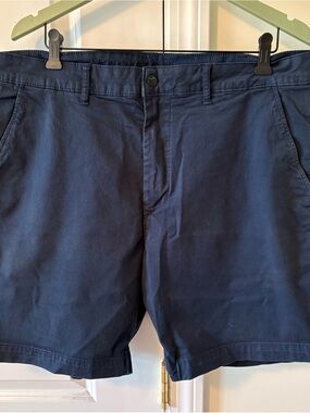 American Eagle Outfitters Navy Tech Twill Flat-Front Cotton Shorts 7”